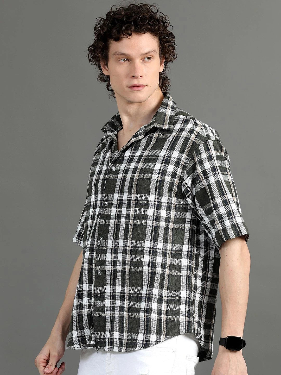 Silisoul Green Relaxed Fit Tartan Checks Print Cotton Short Sleeves Shirt