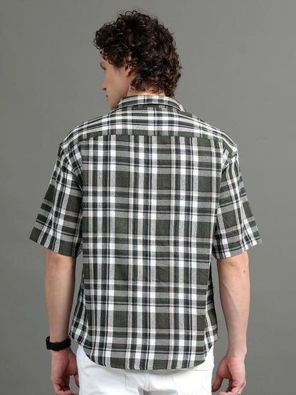 Silisoul Green Relaxed Fit Tartan Checks Print Cotton Short Sleeves Shirt