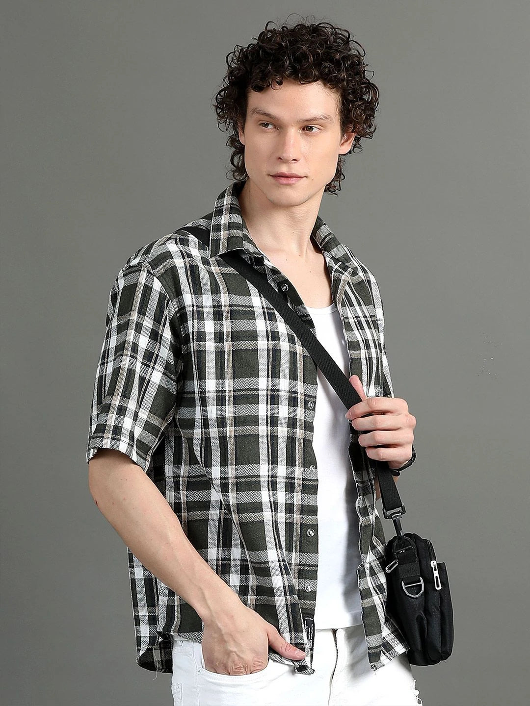 Silisoul Green Relaxed Fit Tartan Checks Print Cotton Short Sleeves Shirt