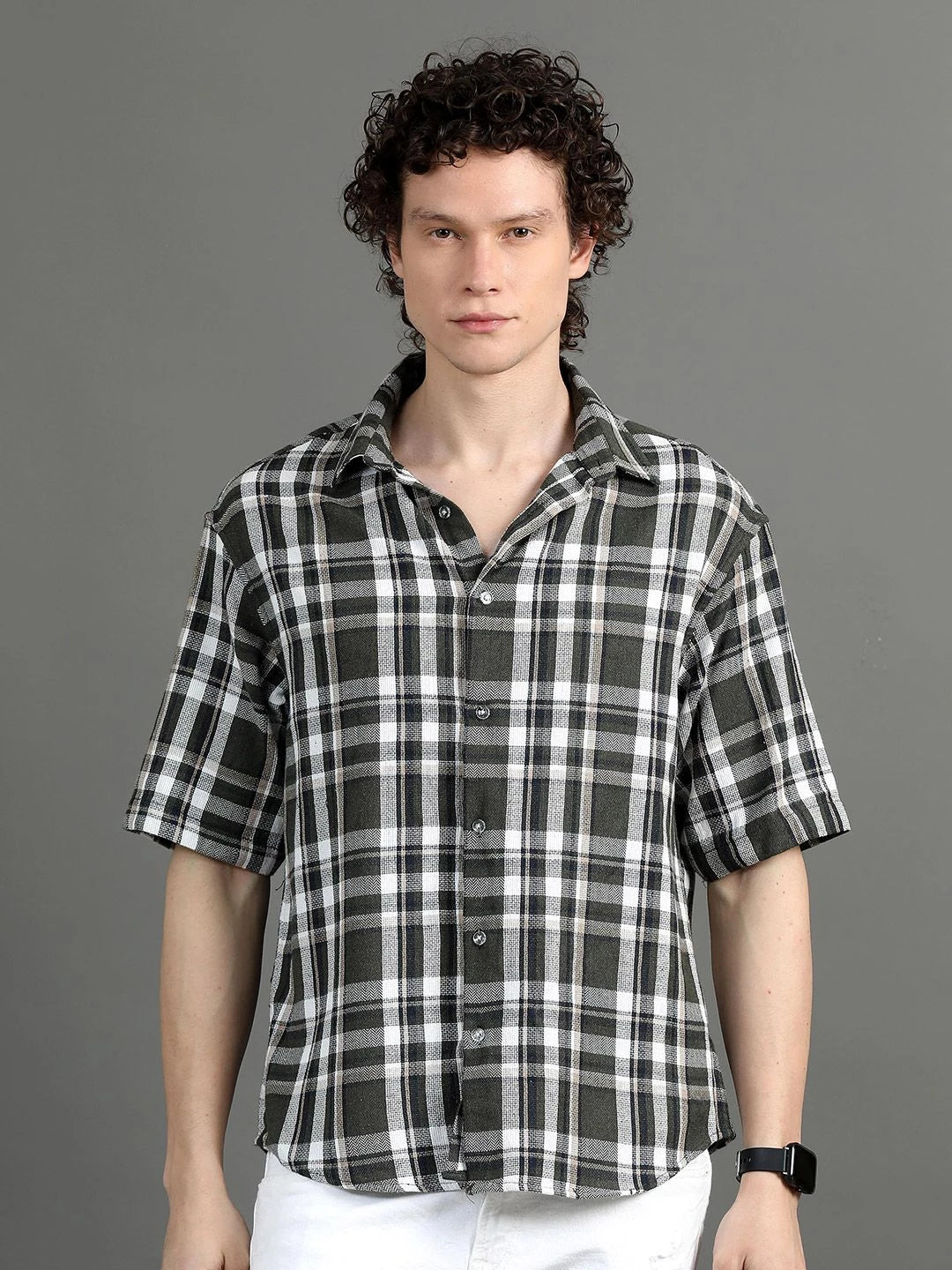 Silisoul Green Relaxed Fit Tartan Checks Print Cotton Short Sleeves Shirt