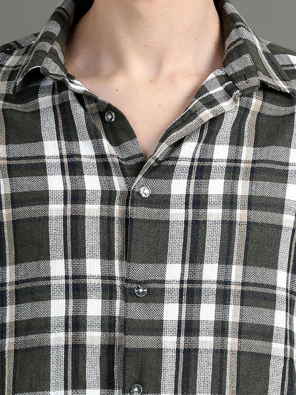 Silisoul Green Relaxed Fit Tartan Checks Print Cotton Short Sleeves Shirt