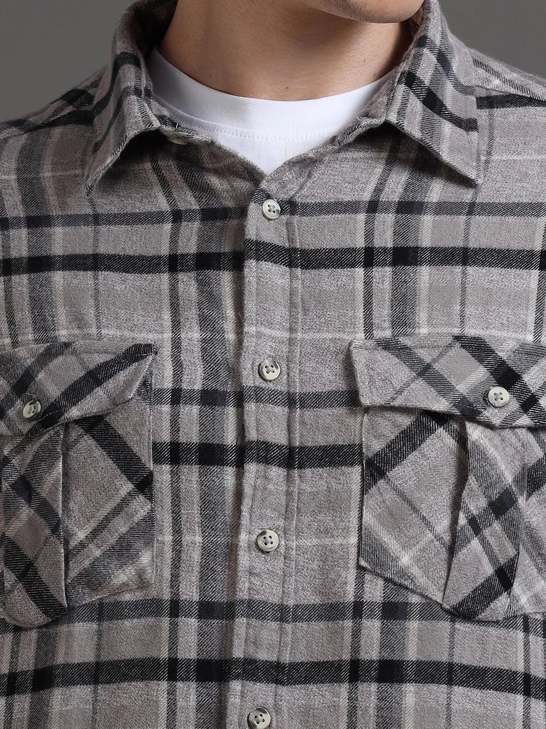 Silisoul Grey Oversized Fit Tartan Checks Print Cotton Shirt