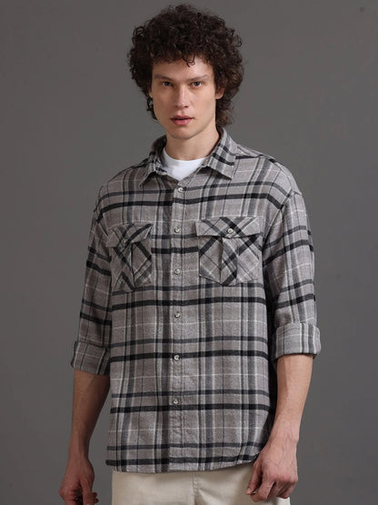 Silisoul Grey Oversized Fit Tartan Checks Print Cotton Shirt