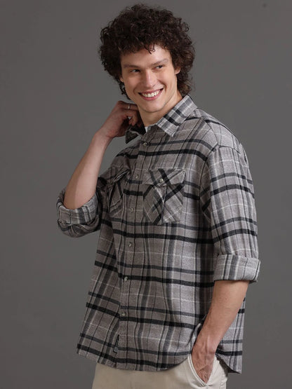 Silisoul Grey Oversized Fit Tartan Checks Print Cotton Shirt