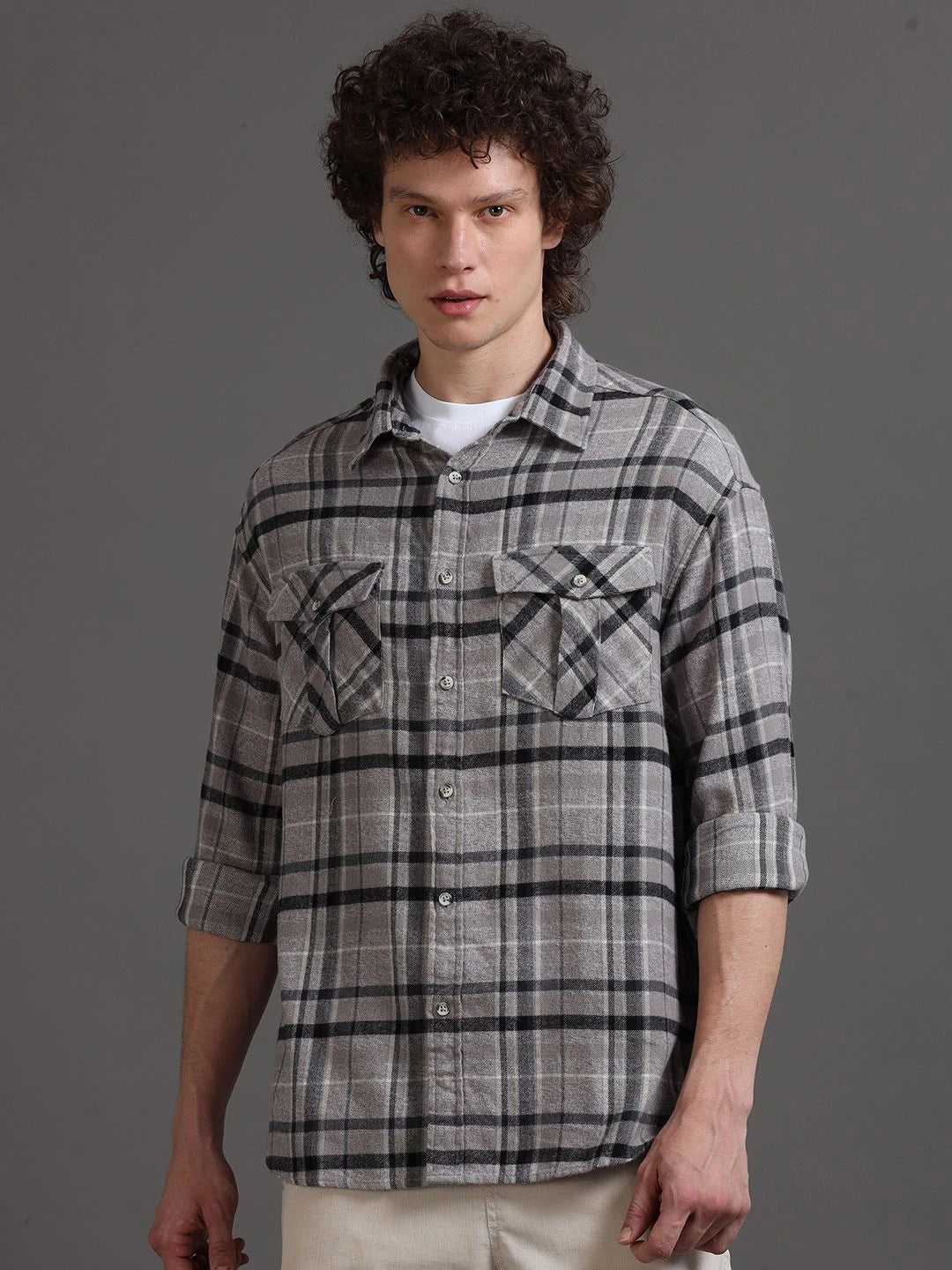 Silisoul Grey Oversized Fit Tartan Checks Print Cotton Shirt