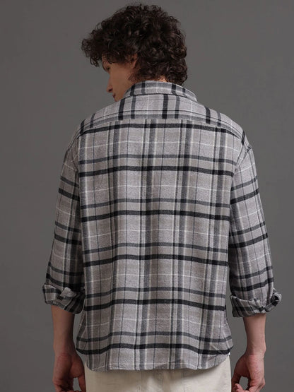 Silisoul Grey Oversized Fit Tartan Checks Print Cotton Shirt