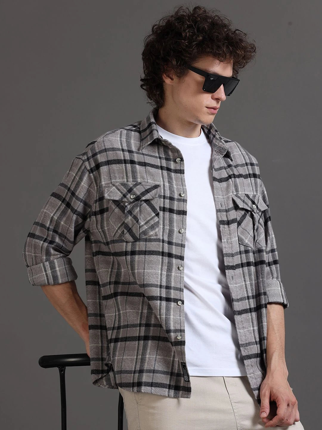 Silisoul Grey Oversized Fit Tartan Checks Print Cotton Shirt
