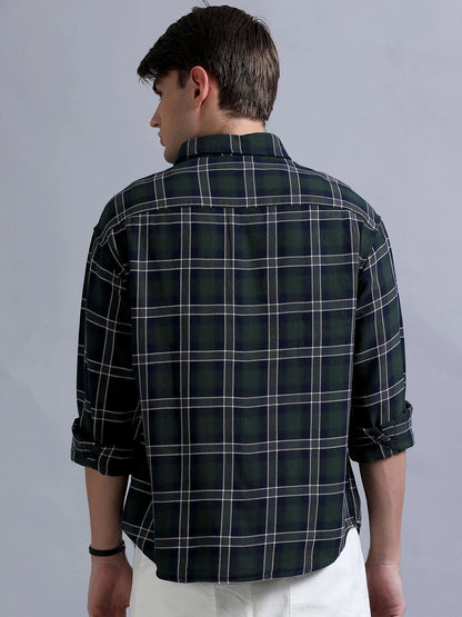 Silisoul Green Relaxed Fit Tartan Checks Print Cotton Shirt