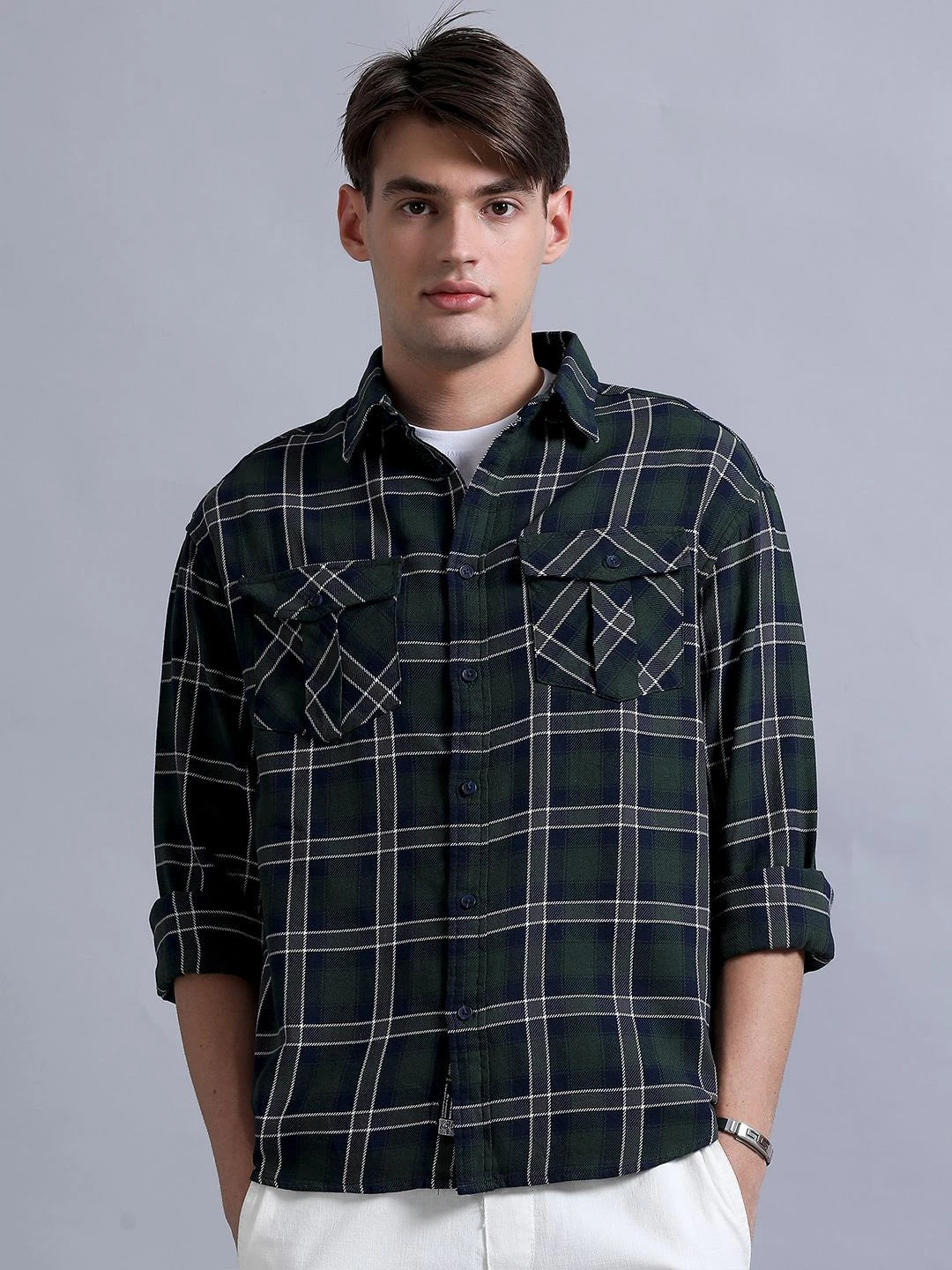 Silisoul Green Relaxed Fit Tartan Checks Print Cotton Shirt