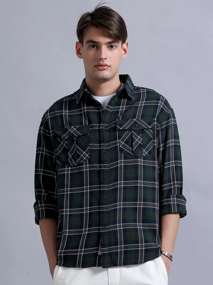 Silisoul Green Relaxed Fit Tartan Checks Print Cotton Shirt