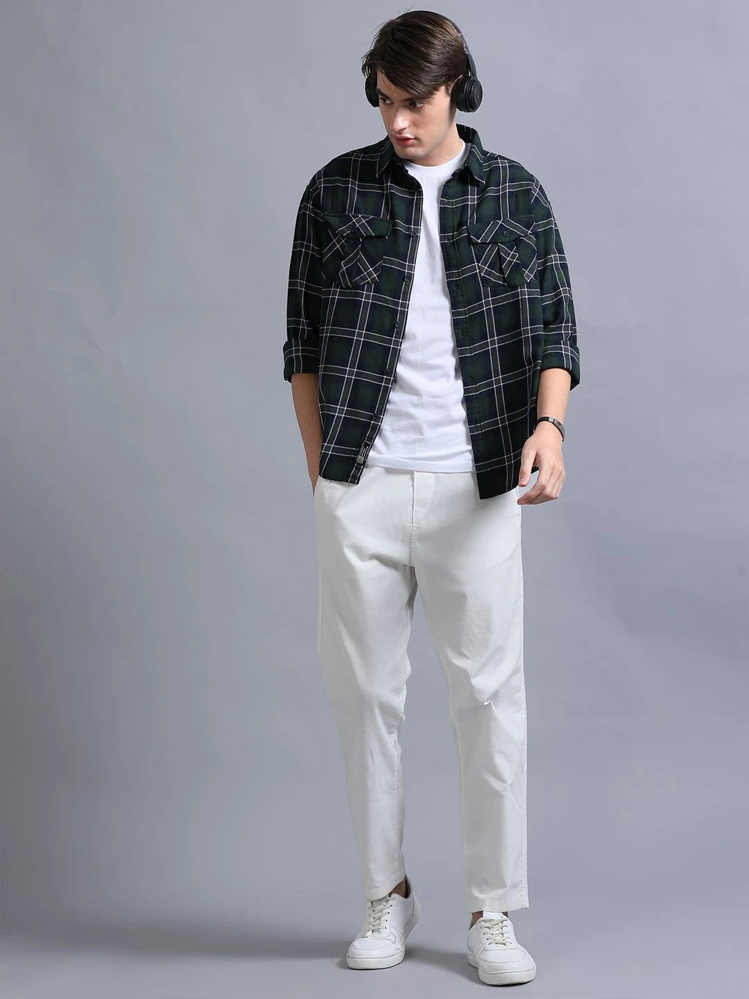 Silisoul Green Relaxed Fit Tartan Checks Print Cotton Shirt