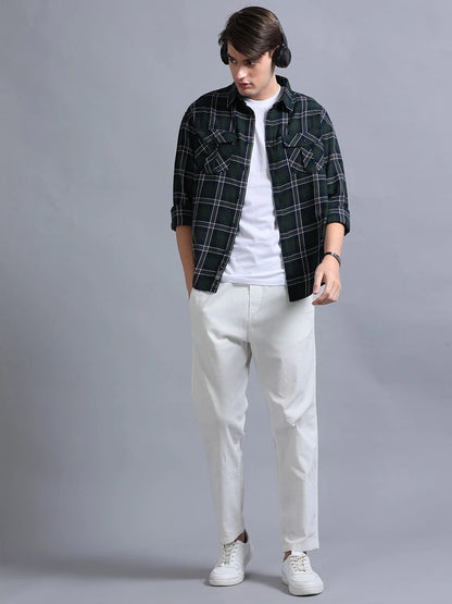 Silisoul Green Relaxed Fit Tartan Checks Print Cotton Shirt