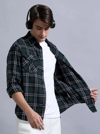 Silisoul Green Relaxed Fit Tartan Checks Print Cotton Shirt