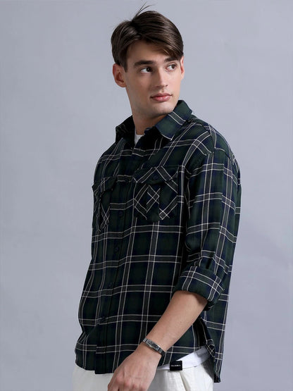 Silisoul Green Relaxed Fit Tartan Checks Print Cotton Shirt