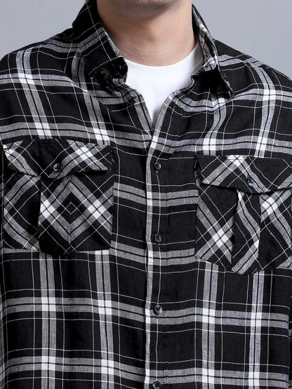 Silisoul Black Oversized Fit Tartan Checks Print Linen Blend Shirt