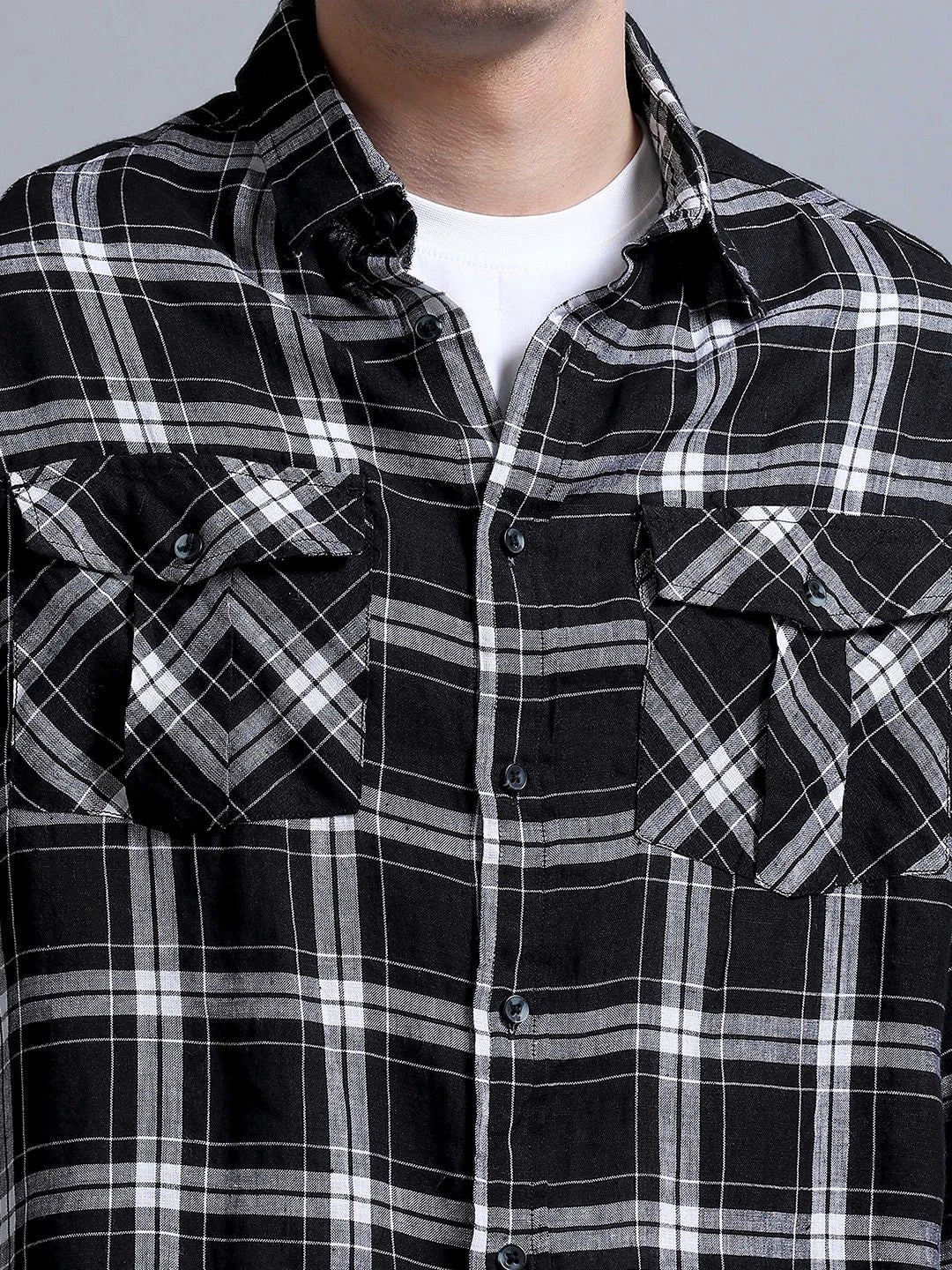 Silisoul Black Oversized Fit Tartan Checks Print Linen Blend Shirt