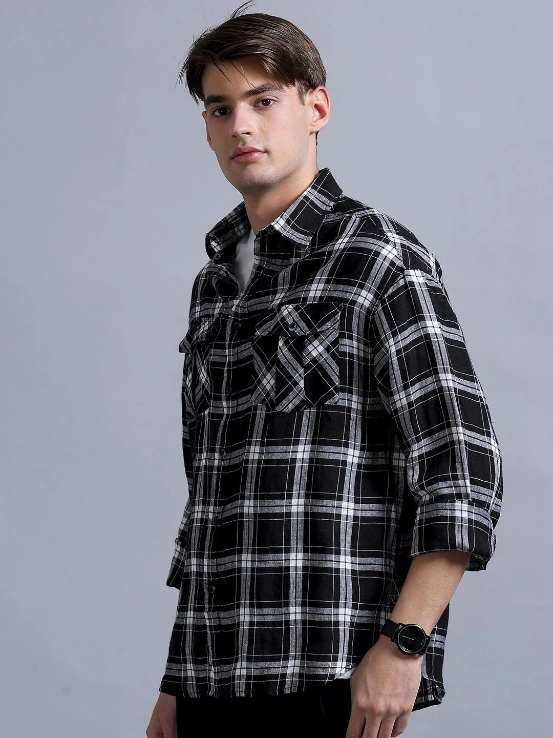 Silisoul Black Oversized Fit Tartan Checks Print Linen Blend Shirt