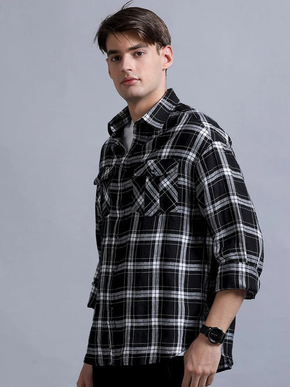 Silisoul Black Oversized Fit Tartan Checks Print Linen Blend Shirt