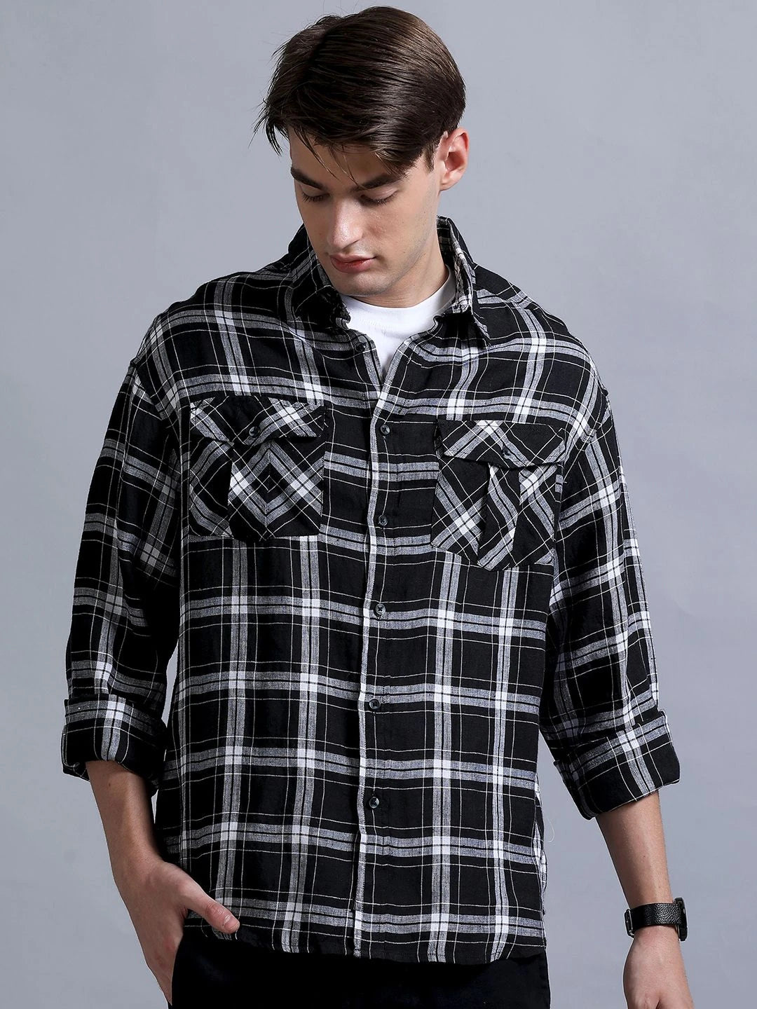 Silisoul Black Oversized Fit Tartan Checks Print Linen Blend Shirt