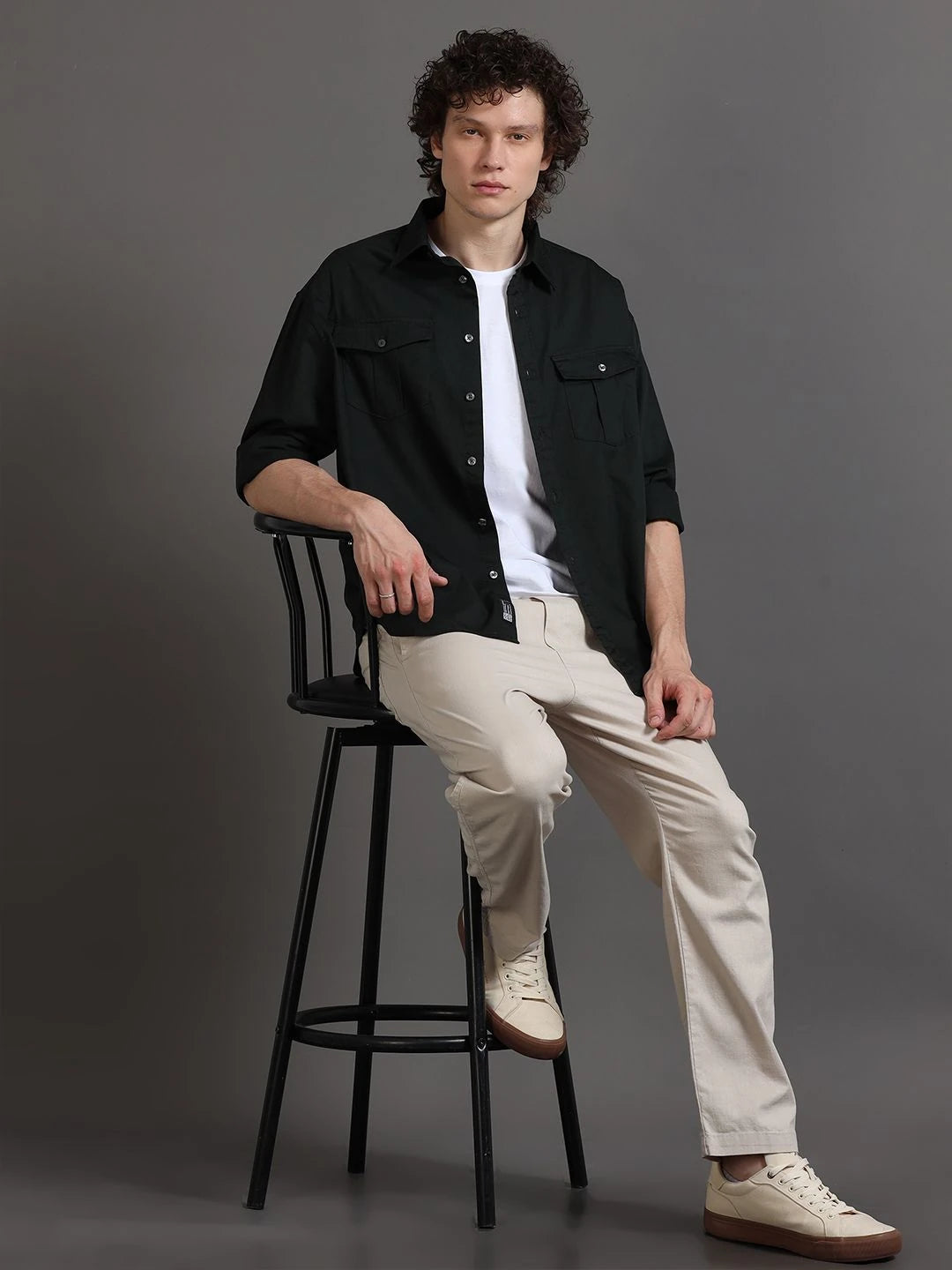 Silisoul Olive Relaxed Fit Cotton Long Sleeves Spread Collar Shirt