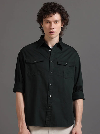 Silisoul Olive Relaxed Fit Cotton Long Sleeves Spread Collar Shirt