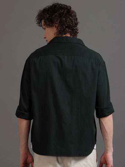 Silisoul Olive Relaxed Fit Cotton Long Sleeves Spread Collar Shirt
