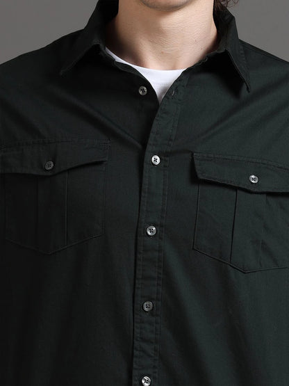 Silisoul Olive Relaxed Fit Cotton Long Sleeves Spread Collar Shirt