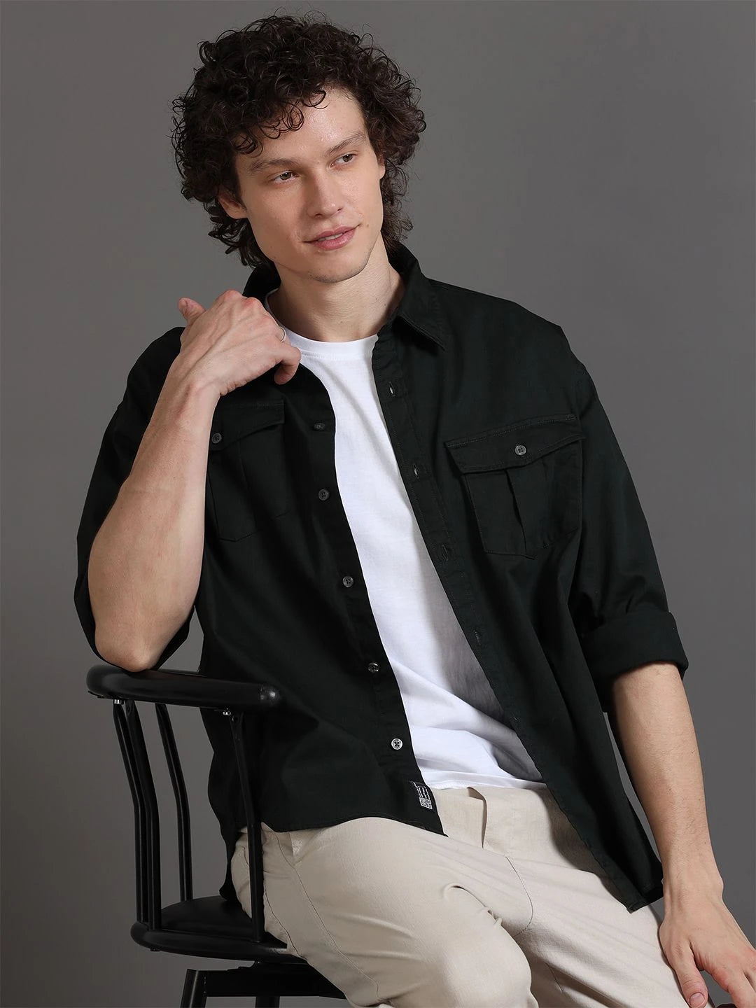 Silisoul Olive Relaxed Fit Cotton Long Sleeves Spread Collar Shirt
