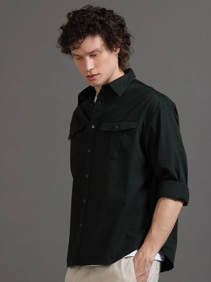 Silisoul Olive Relaxed Fit Cotton Long Sleeves Spread Collar Shirt
