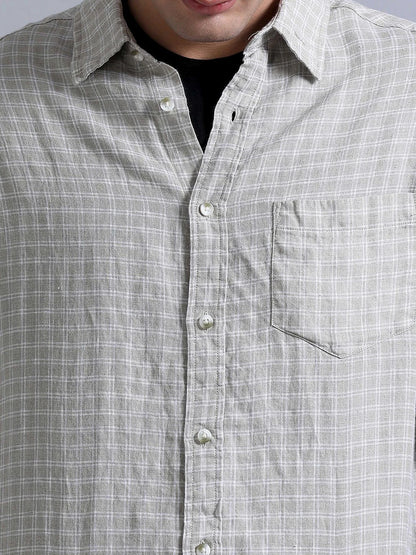 Silisoul Beige Relaxed Fit Geometric Print Linen Blend Shirt