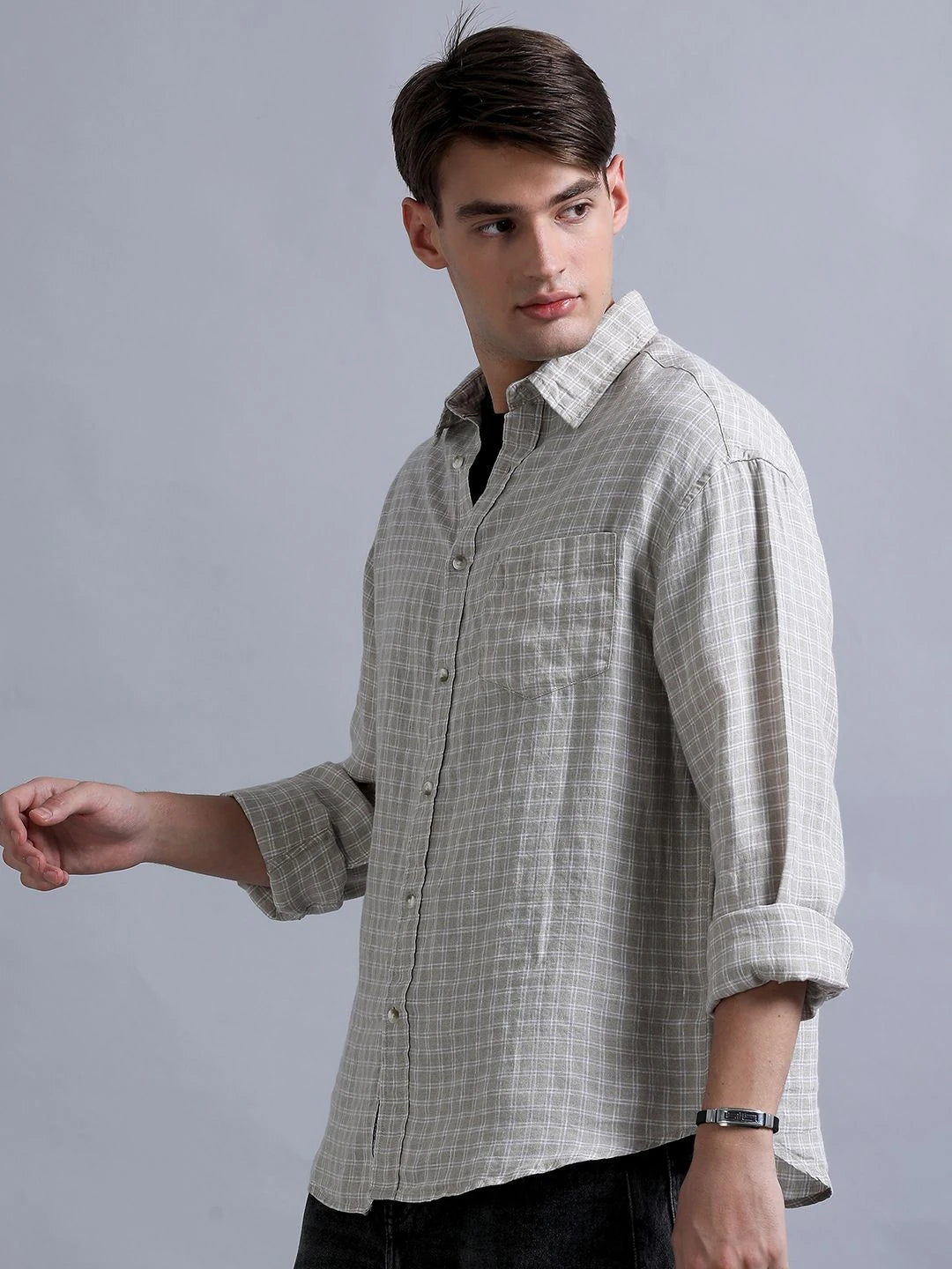 Silisoul Beige Relaxed Fit Geometric Print Linen Blend Shirt