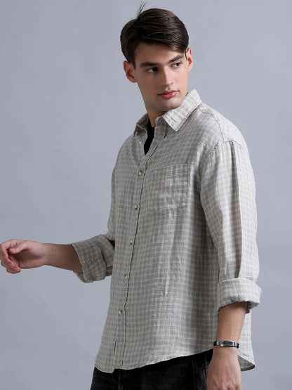 Silisoul Beige Relaxed Fit Geometric Print Linen Blend Shirt