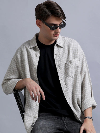 Silisoul Beige Relaxed Fit Geometric Print Linen Blend Shirt
