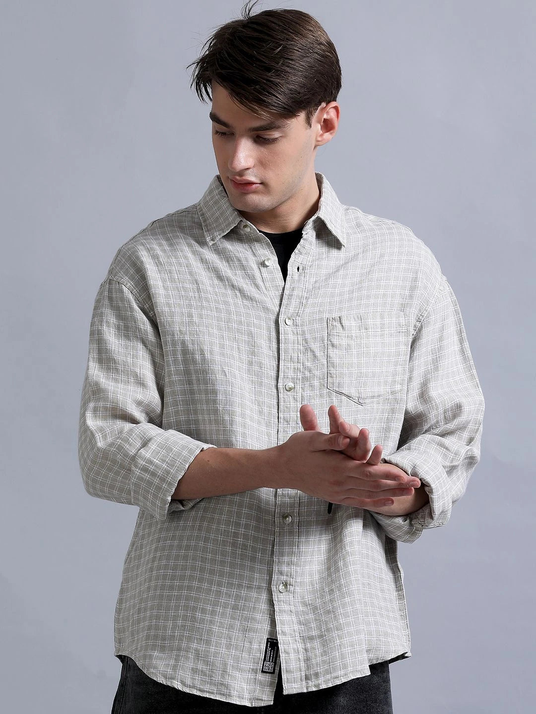 Silisoul Beige Relaxed Fit Geometric Print Linen Blend Shirt