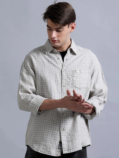 Silisoul Beige Relaxed Fit Geometric Print Linen Blend Shirt