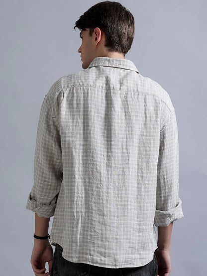 Silisoul Beige Relaxed Fit Geometric Print Linen Blend Shirt