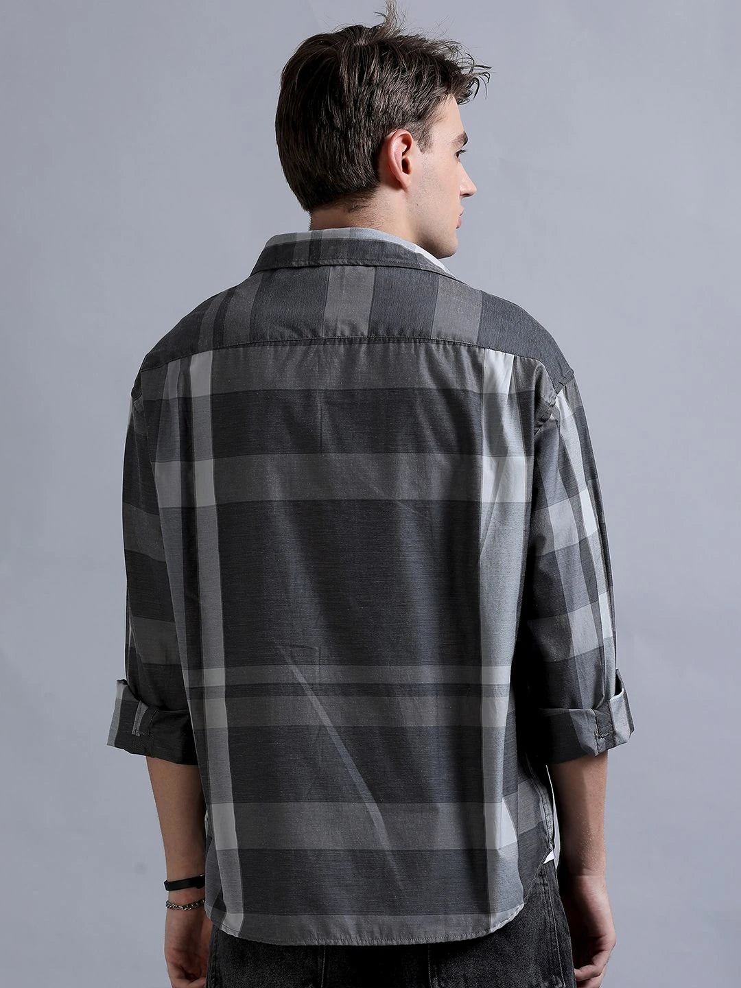 Silisoul Grey Oversized Fit Other Checks Print Cotton Shirt