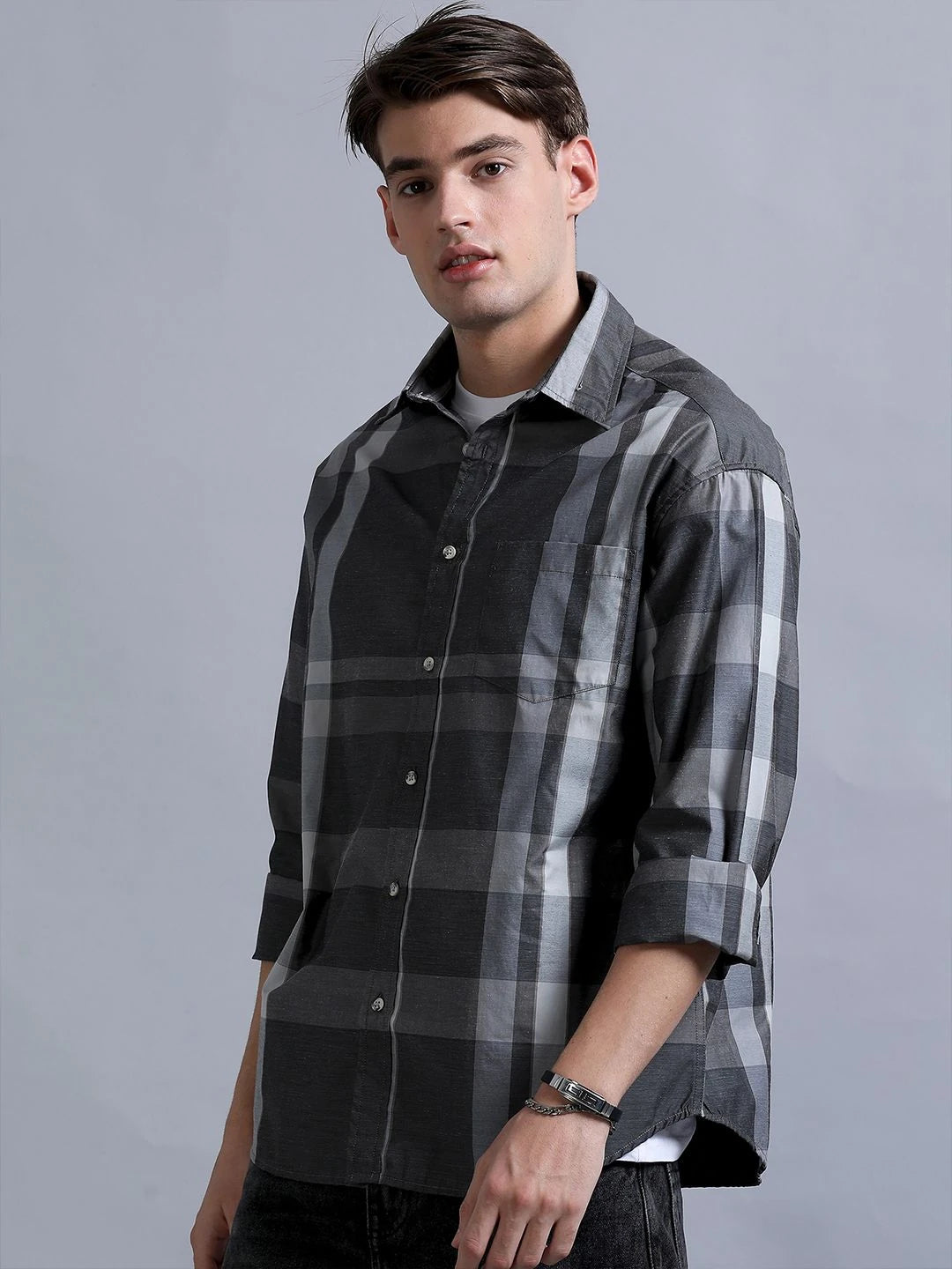 Silisoul Grey Oversized Fit Other Checks Print Cotton Shirt