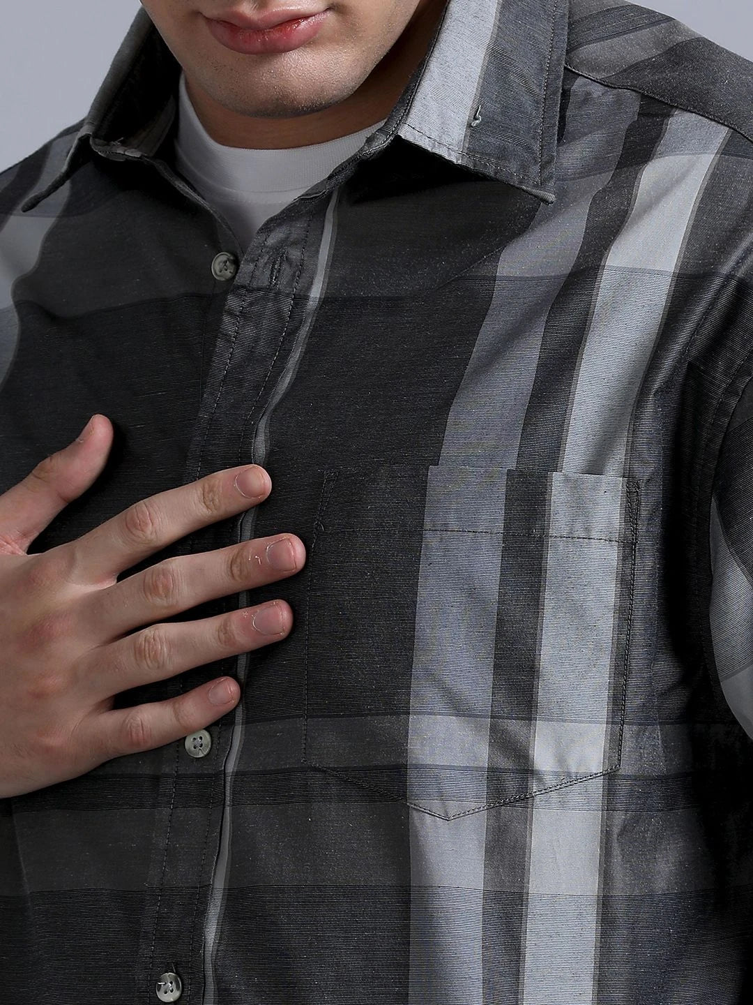 Silisoul Grey Oversized Fit Other Checks Print Cotton Shirt