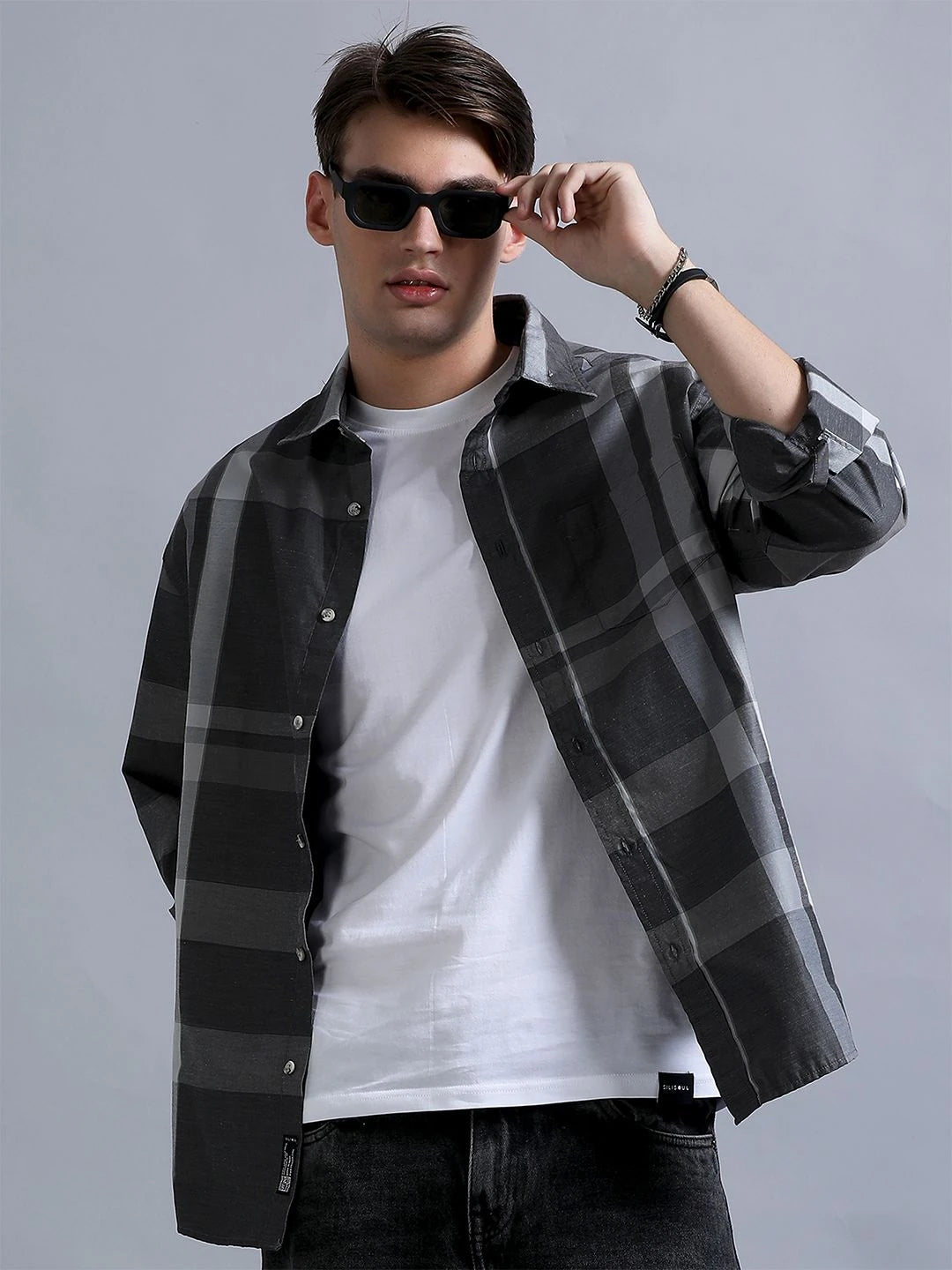 Silisoul Grey Oversized Fit Other Checks Print Cotton Shirt