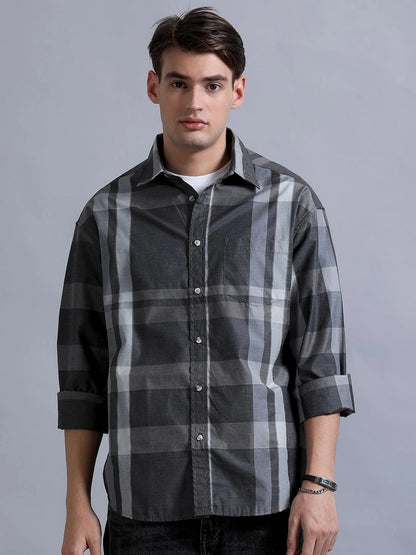 Silisoul Grey Oversized Fit Other Checks Print Cotton Shirt