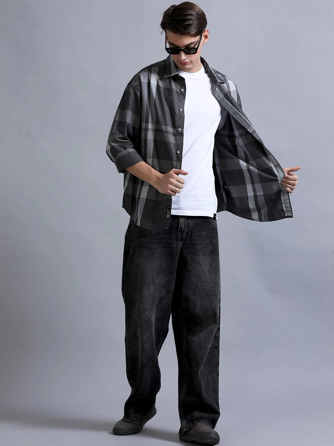 Silisoul Grey Oversized Fit Other Checks Print Cotton Shirt