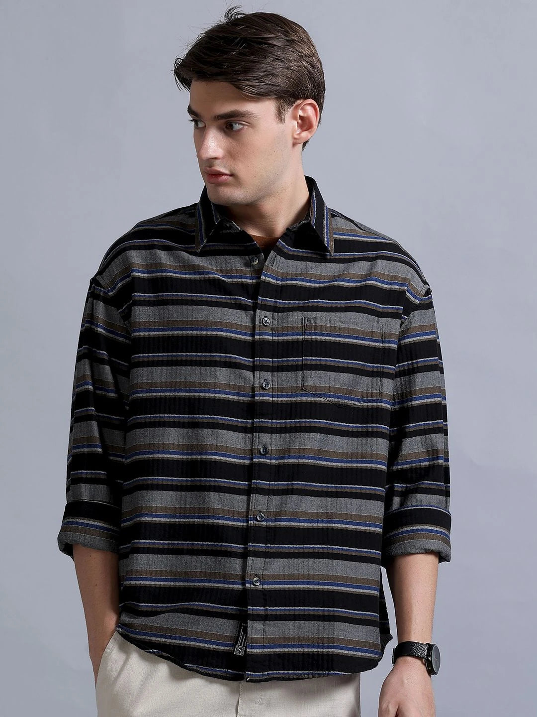Silisoul Black Oversized Fit Horizontal Stripes Print Shirt