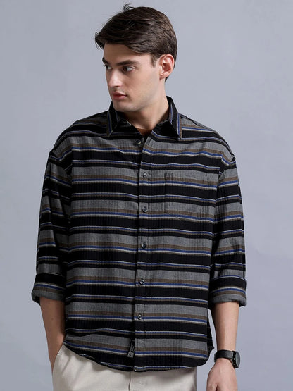 Silisoul Black Oversized Fit Horizontal Stripes Print Shirt