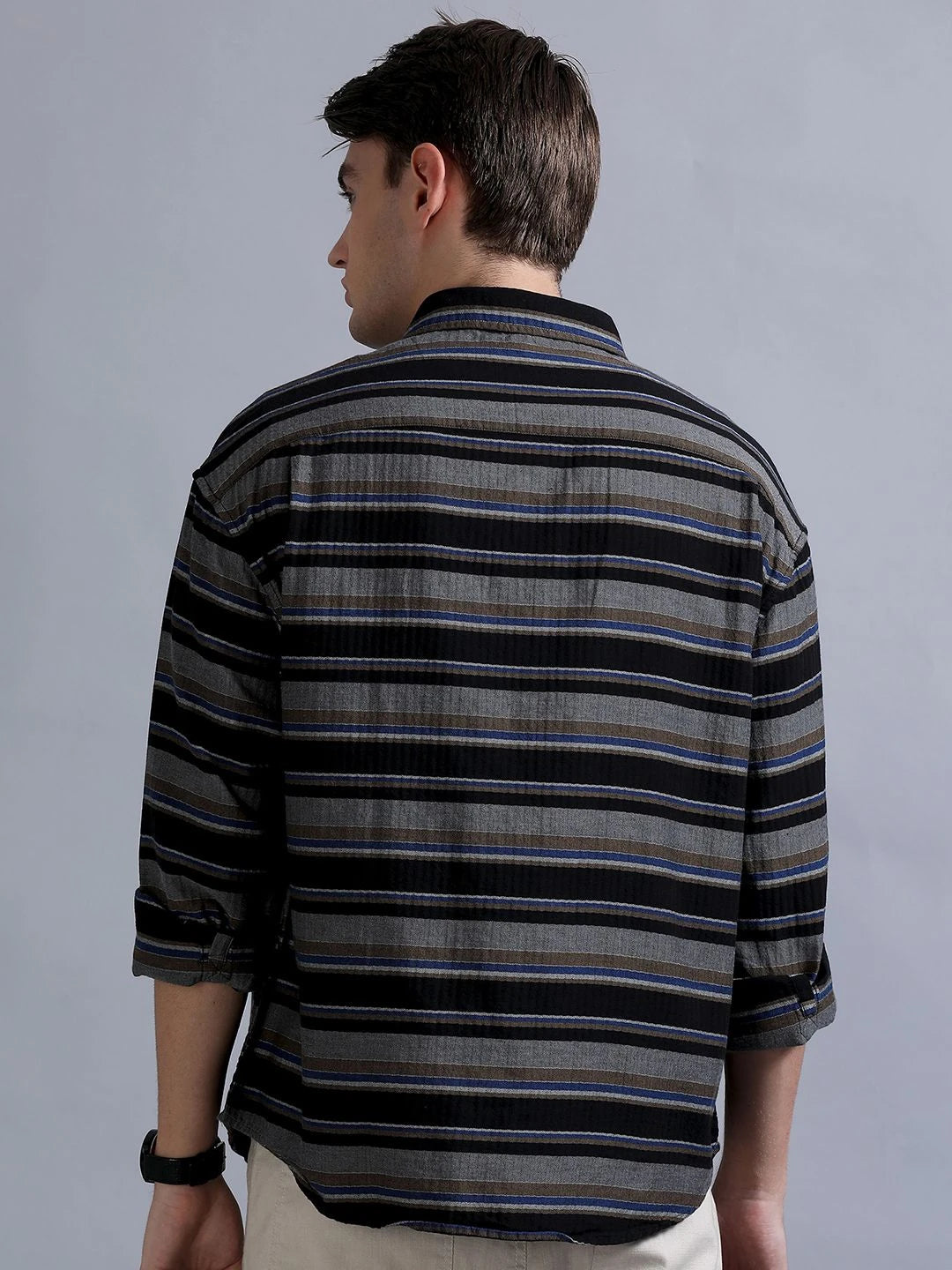 Silisoul Black Oversized Fit Horizontal Stripes Print Shirt