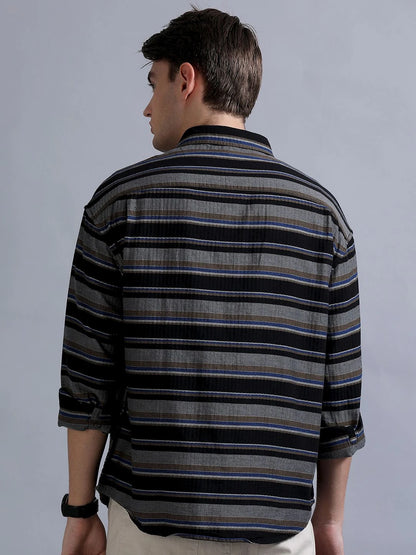 Silisoul Black Oversized Fit Horizontal Stripes Print Shirt