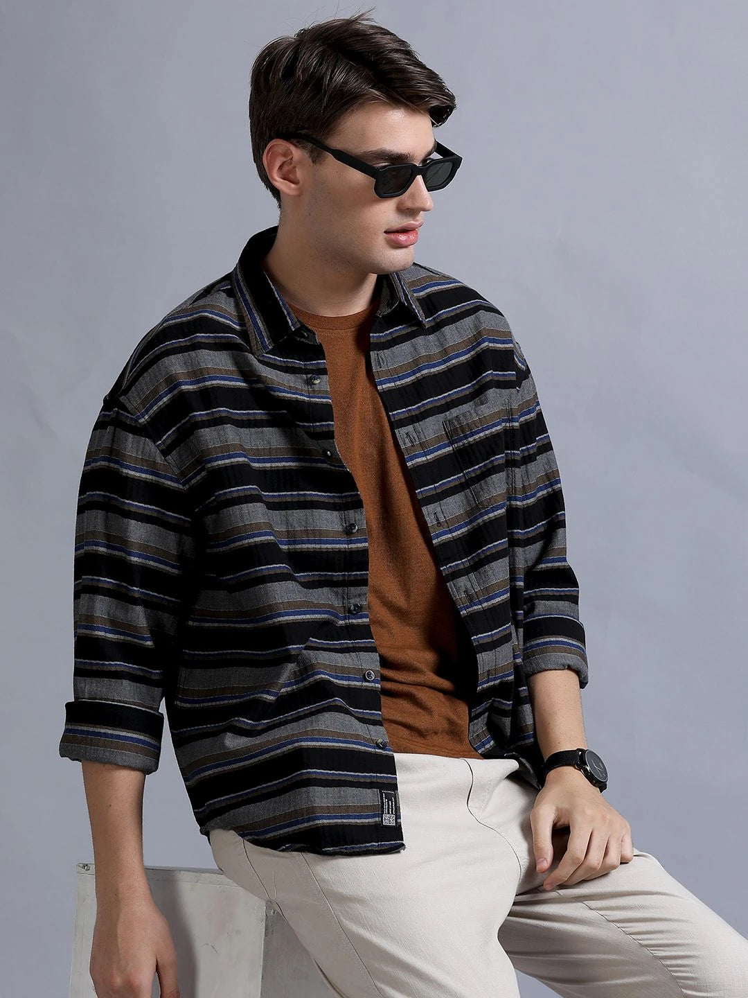 Silisoul Black Oversized Fit Horizontal Stripes Print Shirt
