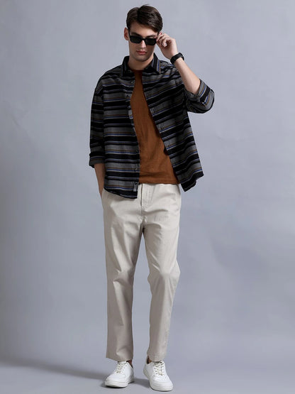 Silisoul Black Oversized Fit Horizontal Stripes Print Shirt