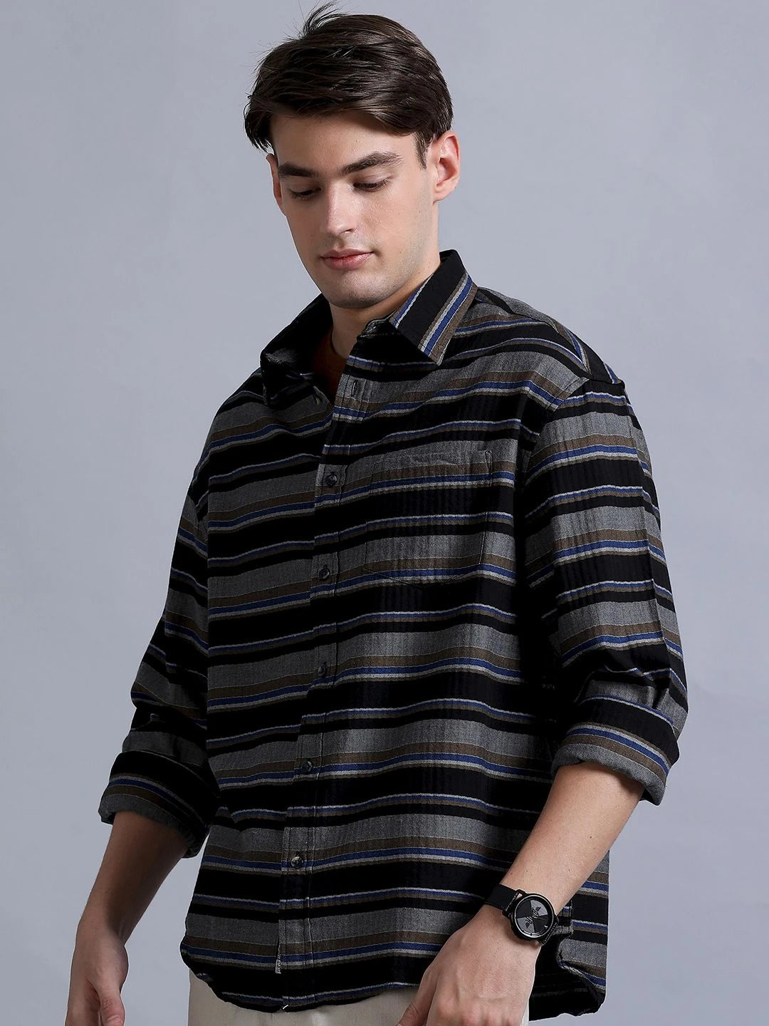 Silisoul Black Oversized Fit Horizontal Stripes Print Shirt