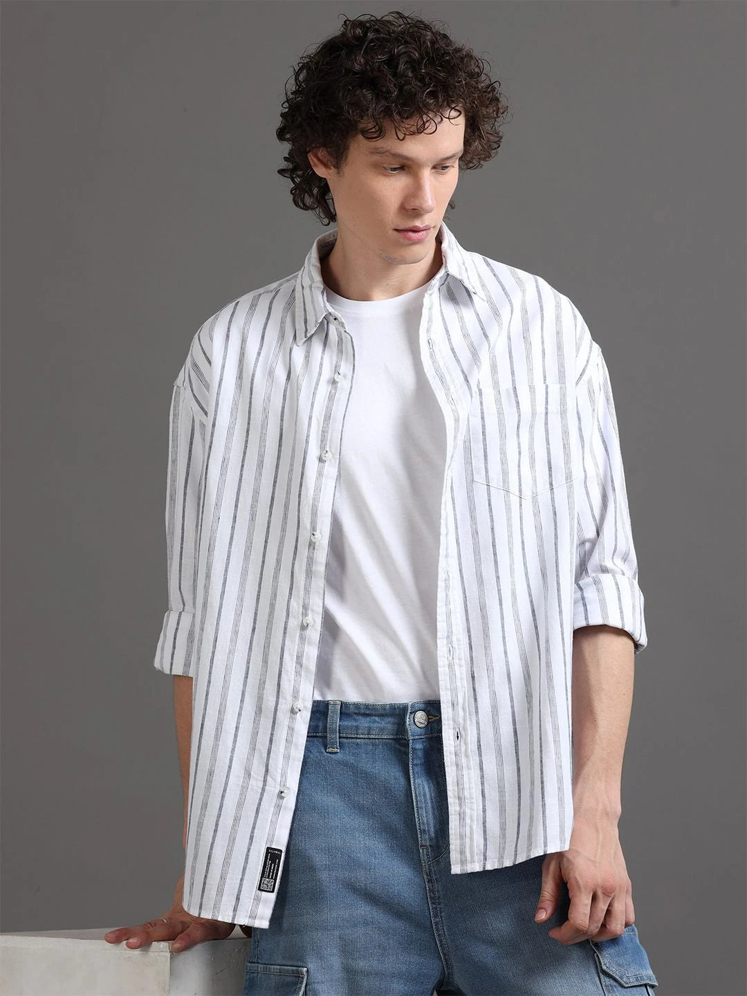 Silisoul White Relaxed Fit Vertical Stripes Print Shirt